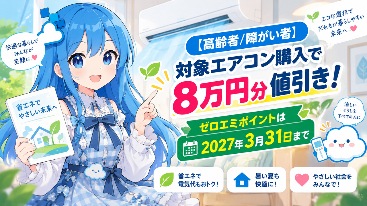 高齢者/障がい者】対象エアコン購入で8万円分値引き！ゼロエミポイント